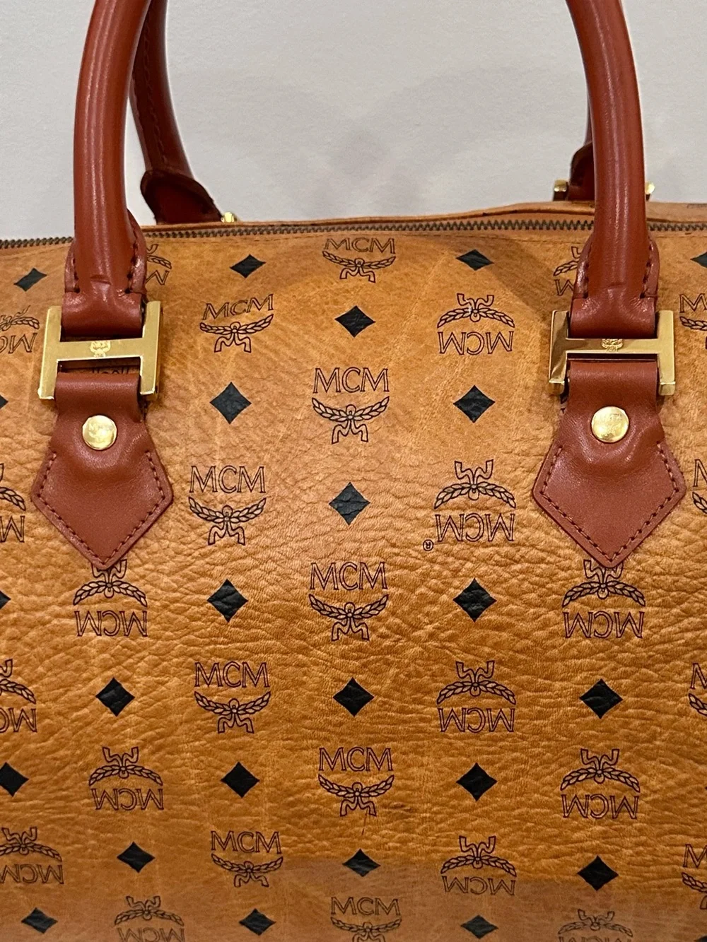 MCM Tan Cognac Monogram Duffel with Brown Leather Handles